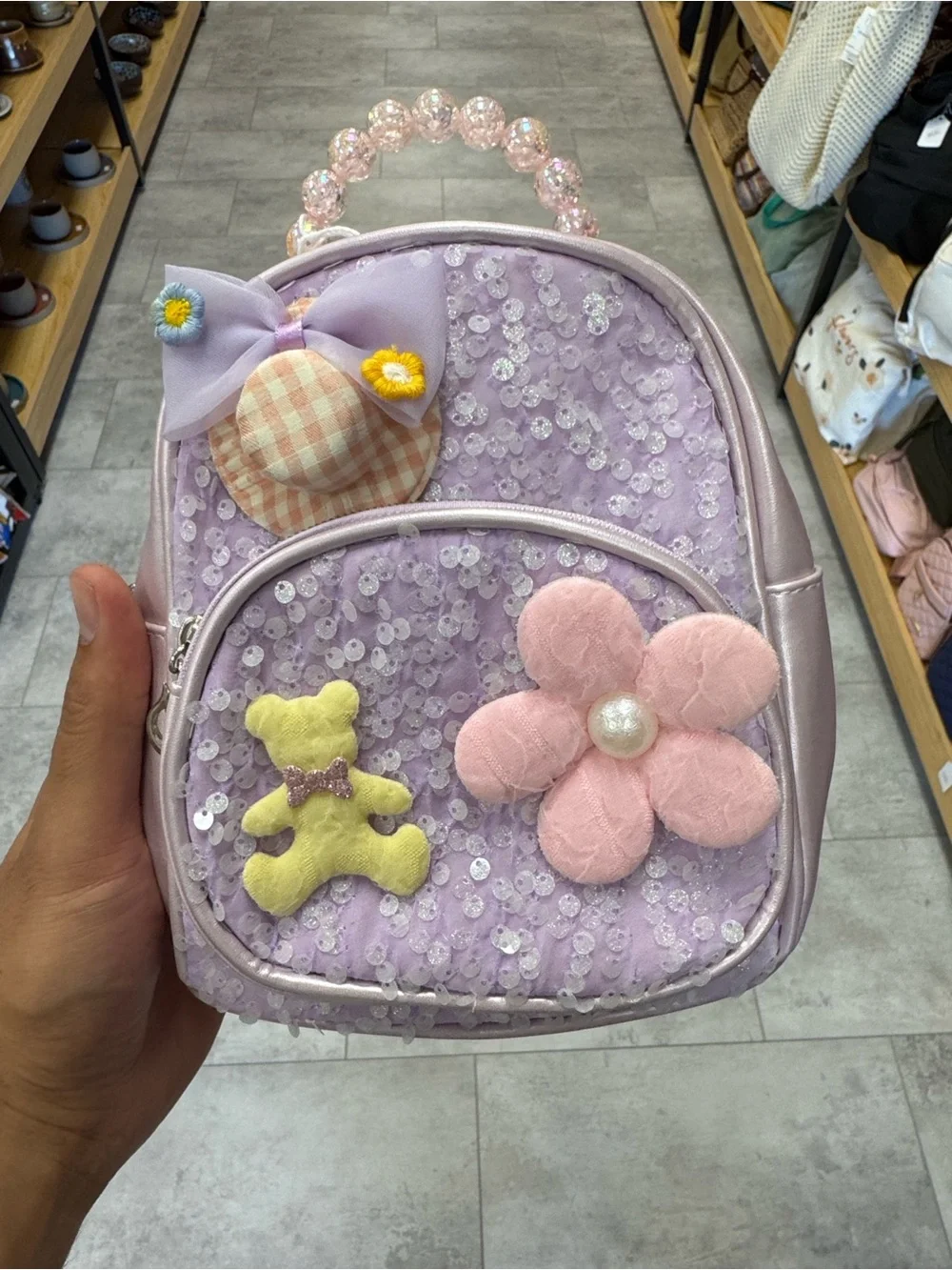 Kids Sequin Mini Backpack - Lavender with Pink Flower